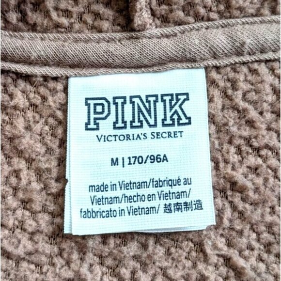 PINK VICTORIA'S SECRET Beige Recycled Polyester Varsity Sherpa Hoodie Size M - Picture 3 of 9